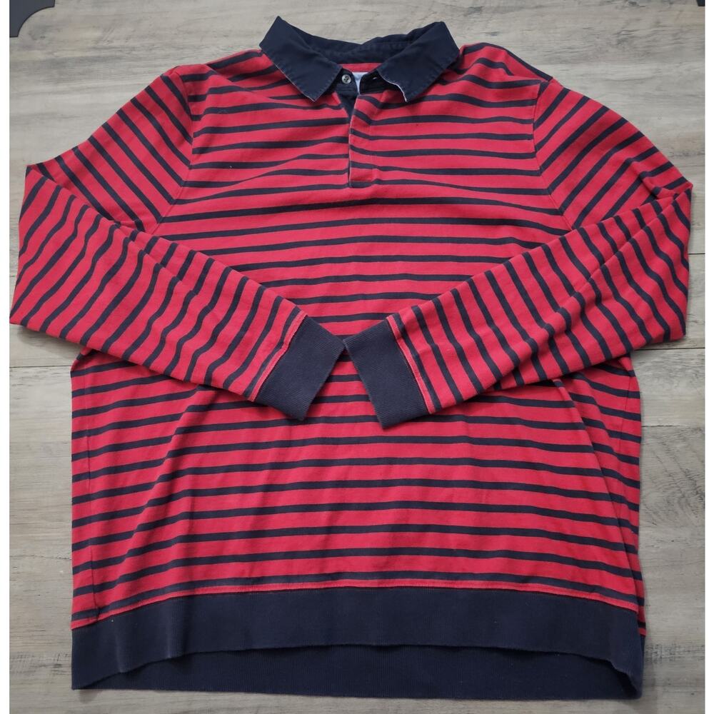 Men's L.L.Bean Vtg Style Red Blue Stripe Long Sleeve 1/4 Button Up Shirt XXL Reg